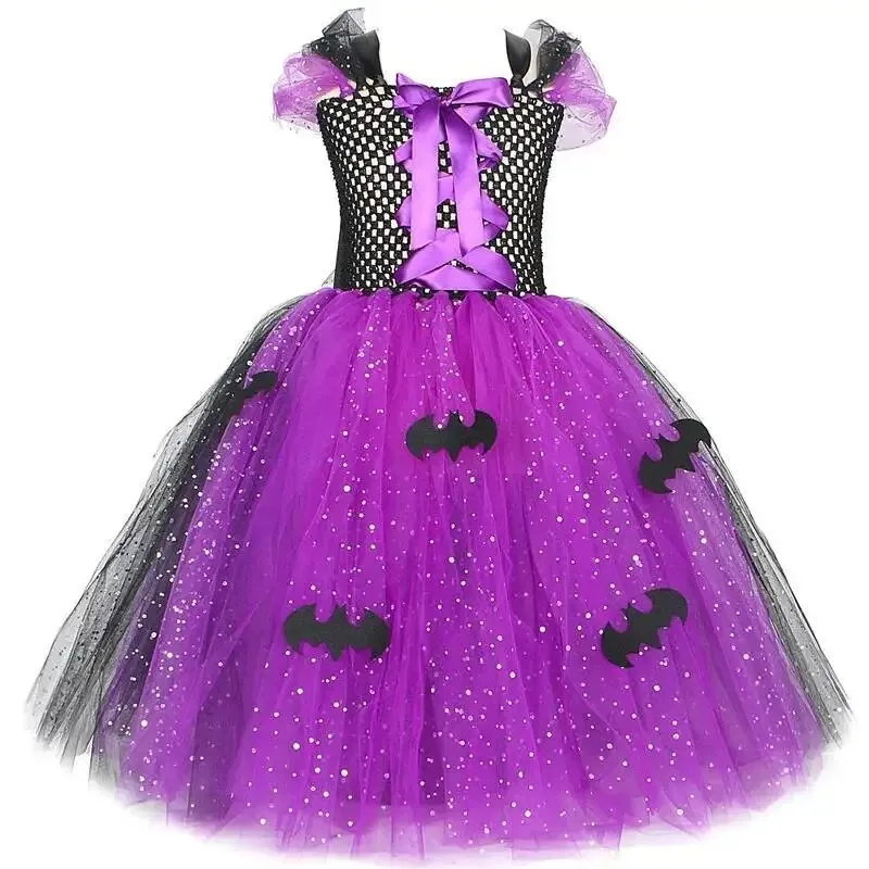 Long Puffy Dress for Girls in Purple-Black Witch Queen Style, Sparkly Single Tulle Skirt for Kids,Halloween Performance Clothes