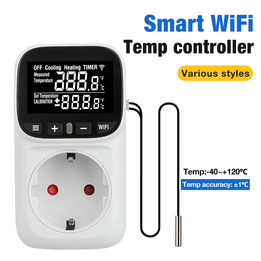 Tuya WIFI 110V 220V Temperature Controller Outlet Socket Digital Thermostat Socket Heating Cooling Timing Mode NTC Sensor Probe