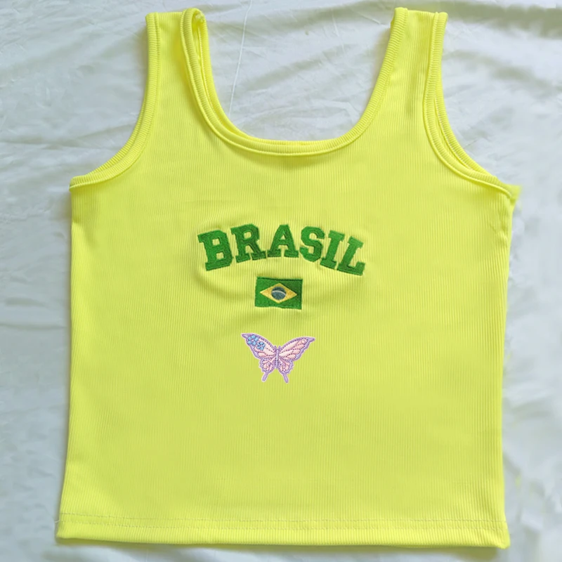 2025 Tops cortos amarillos con bordado de gráficos de mariposa, Top Y2K, camiseta ajustada de verano para mujer, ropa Sexy corta de calle