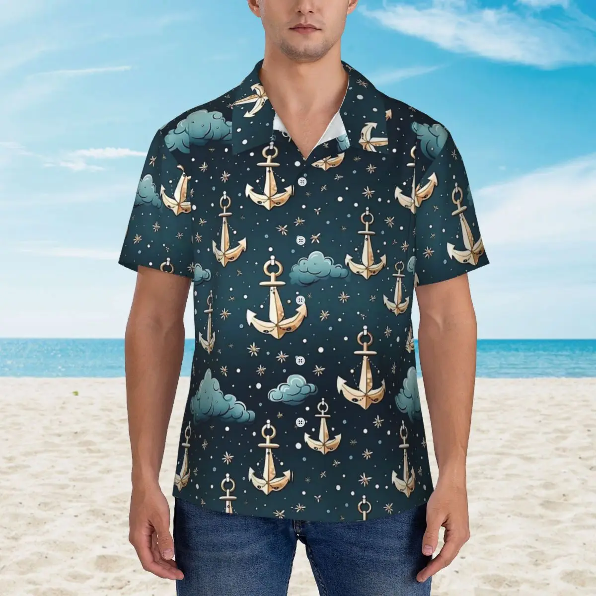 Nocne niebo ze złotą kotwicą koszula na co dzień fajne koszule hawajskie męskie z krótkim rękawem wakacje nadruk w stylu Harajuku bluzki oversize