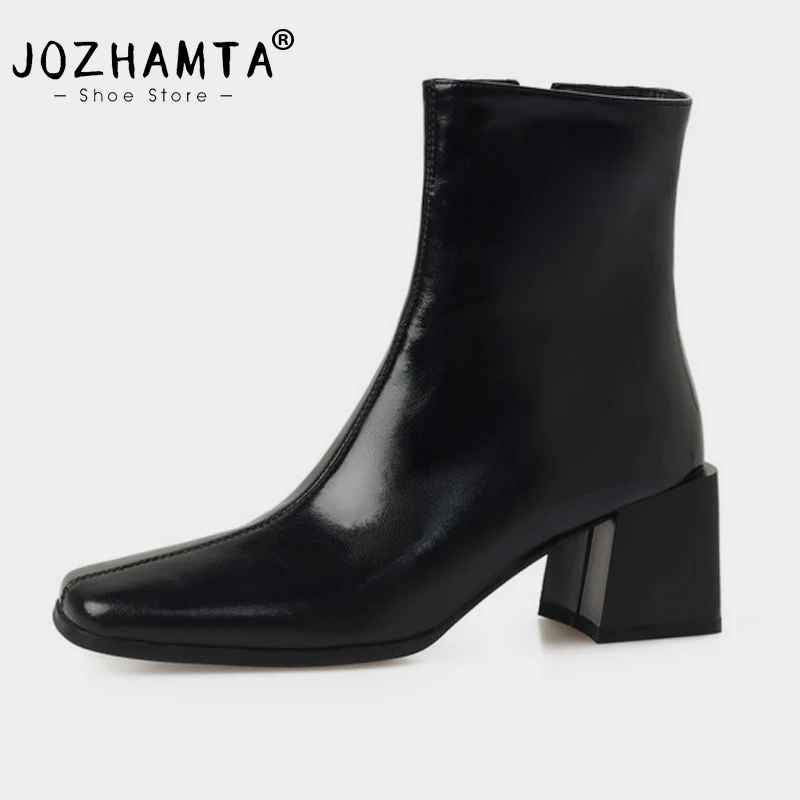 JOZHAMTA Size 33-40 Autumn Winter Women Ankle Boots Square Heels Genuine Leather Shoes Woman Side Zipper Square Toe Office Lady