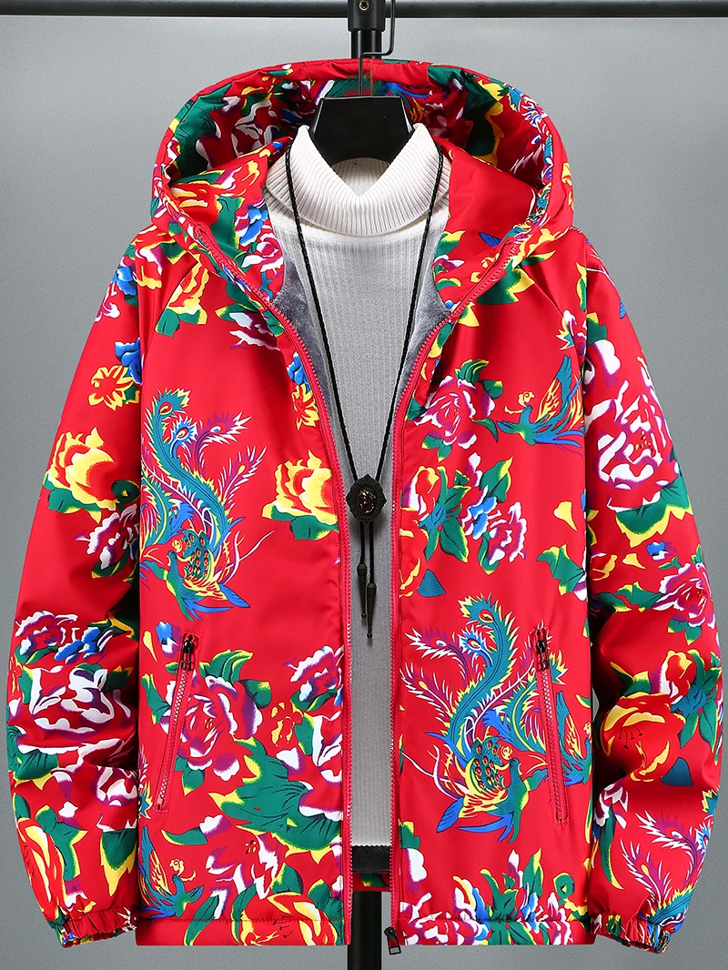 

New Northeast Sle Thiened Fce Lined Hooded Cotton Jaet Floral Print ex Warm Coat Trendy Outerwear for Couples