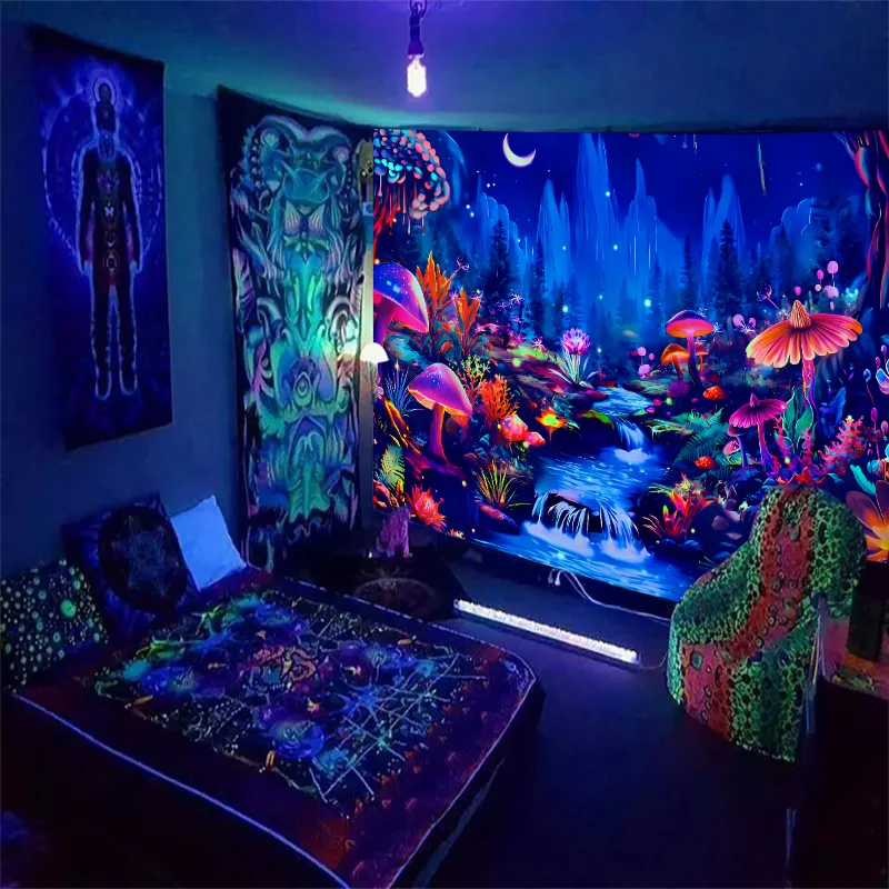 1pc Flower and plant mushroom tapestry, UV responsive fluorescent tapestry, mountain and river night sky landscape tapestry