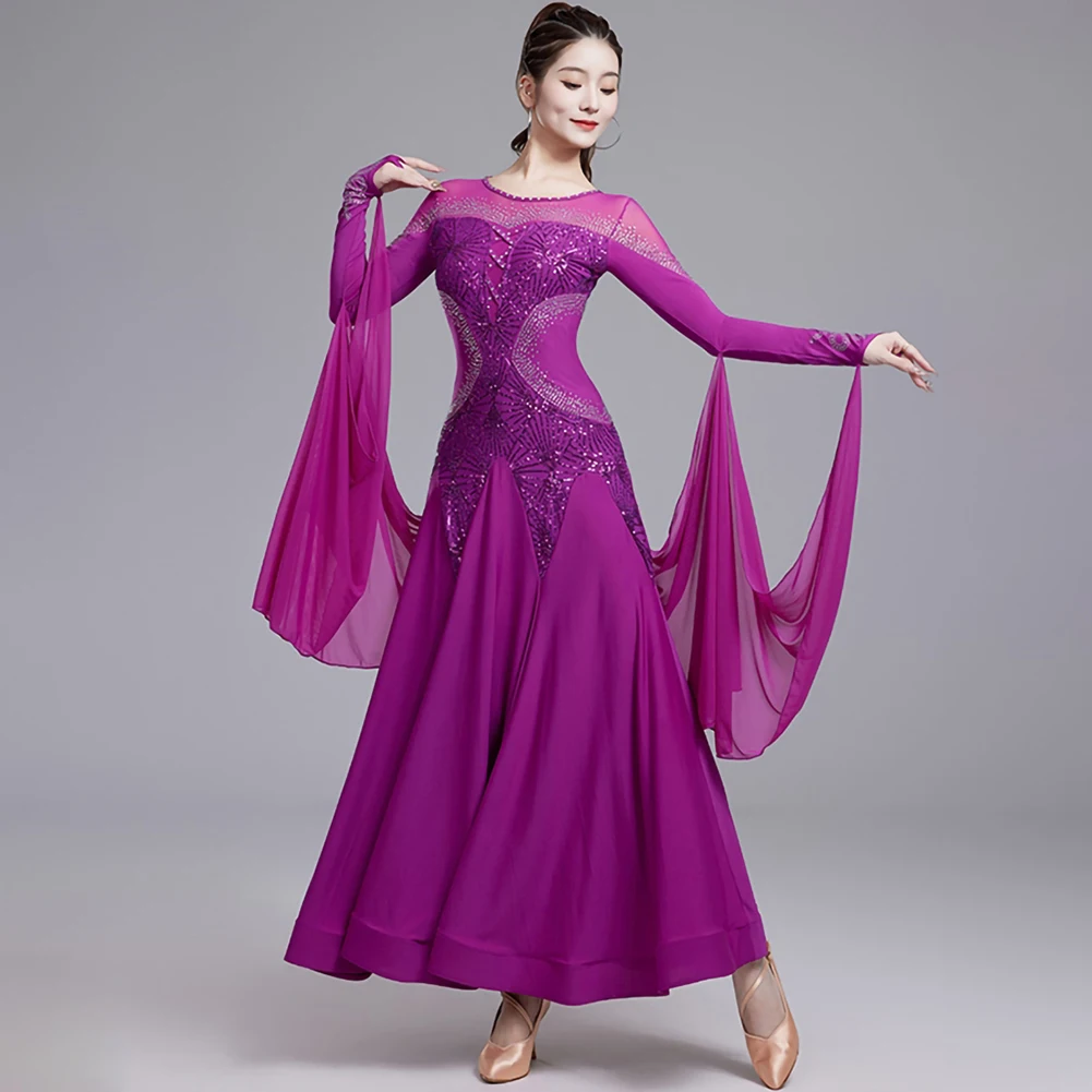 Modern Dance Dress wine red Ribbon Professional Competition Standard Dress Purple Sequin dark green Waltz Ballroom Dress