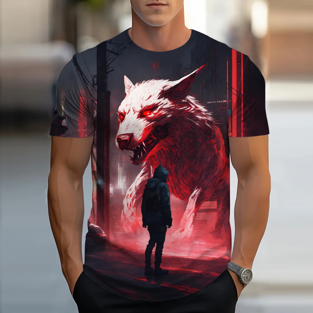 

Summer Fashion Wolf Pattern T Shirt Men's Casual Printing Trend Short Sleeved T Shirt Hip Hop Harajuku Animal Pattern Streetwear