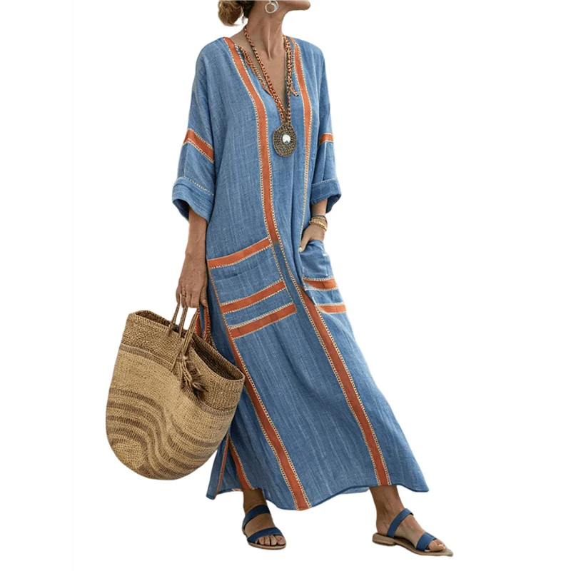 

ABRT-Women's Summer Loose Oversized Cotton Linen Dress V Neck Boho Color Block Long Kaftan With Split