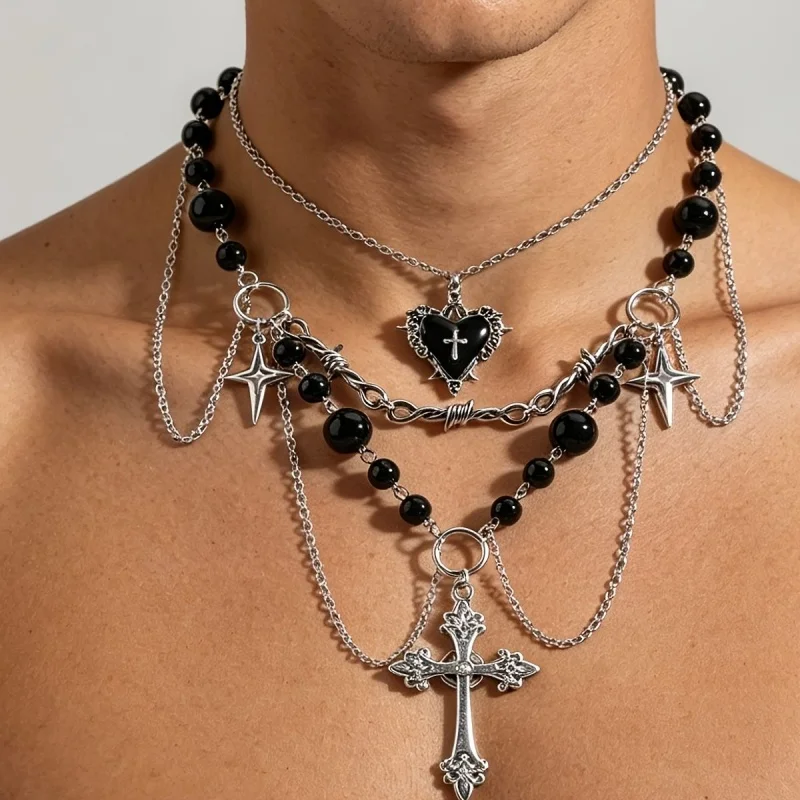 2 Gothic black bead with barbed wire cross heart-shaped pendant necklace set, multi-layer stacked necklace, punk jewelry