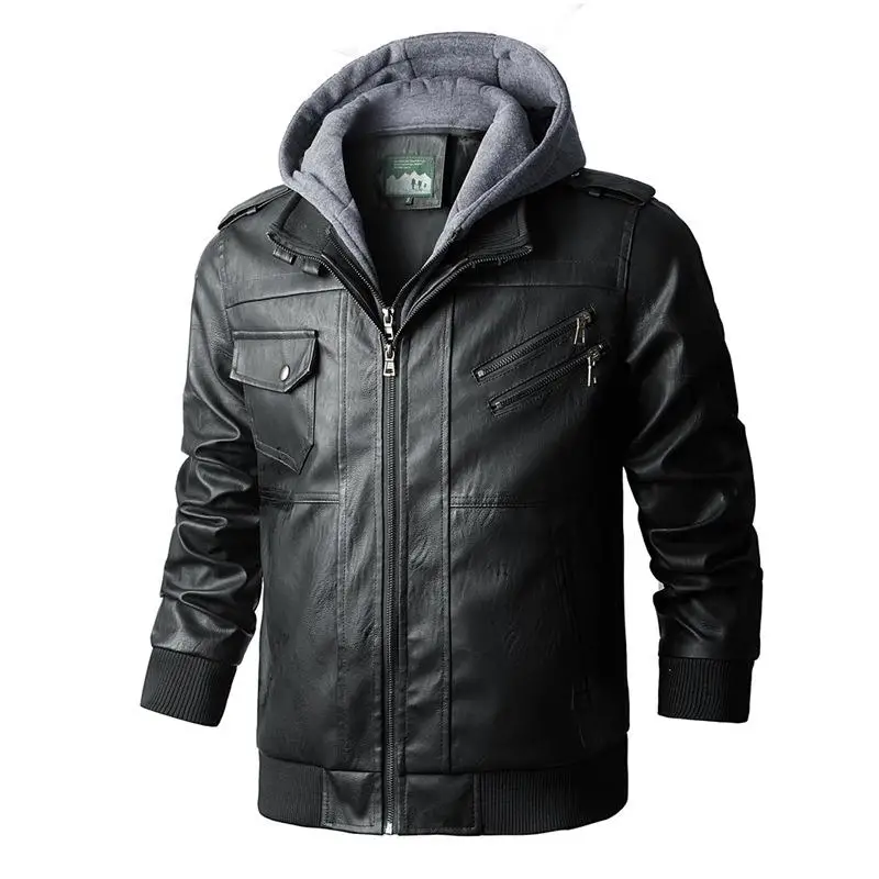 

Men's Hooded Leather Jaet Workwear Long Sve PU Material Durable Casual Faion with Multiple kets Fall Season