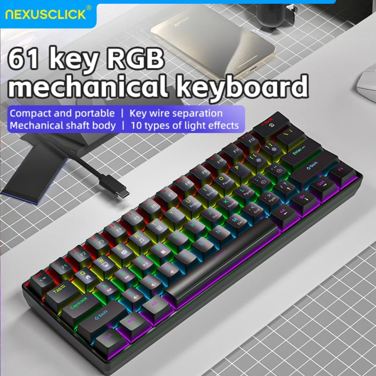 Teclado Mecánico para Juegos NexusClick de 61 Teclas, Conexión por Cable Tipo-C, Teclas RGB Desmontables de ABS, Teclado Portátil Mini para E-sports y Oficina