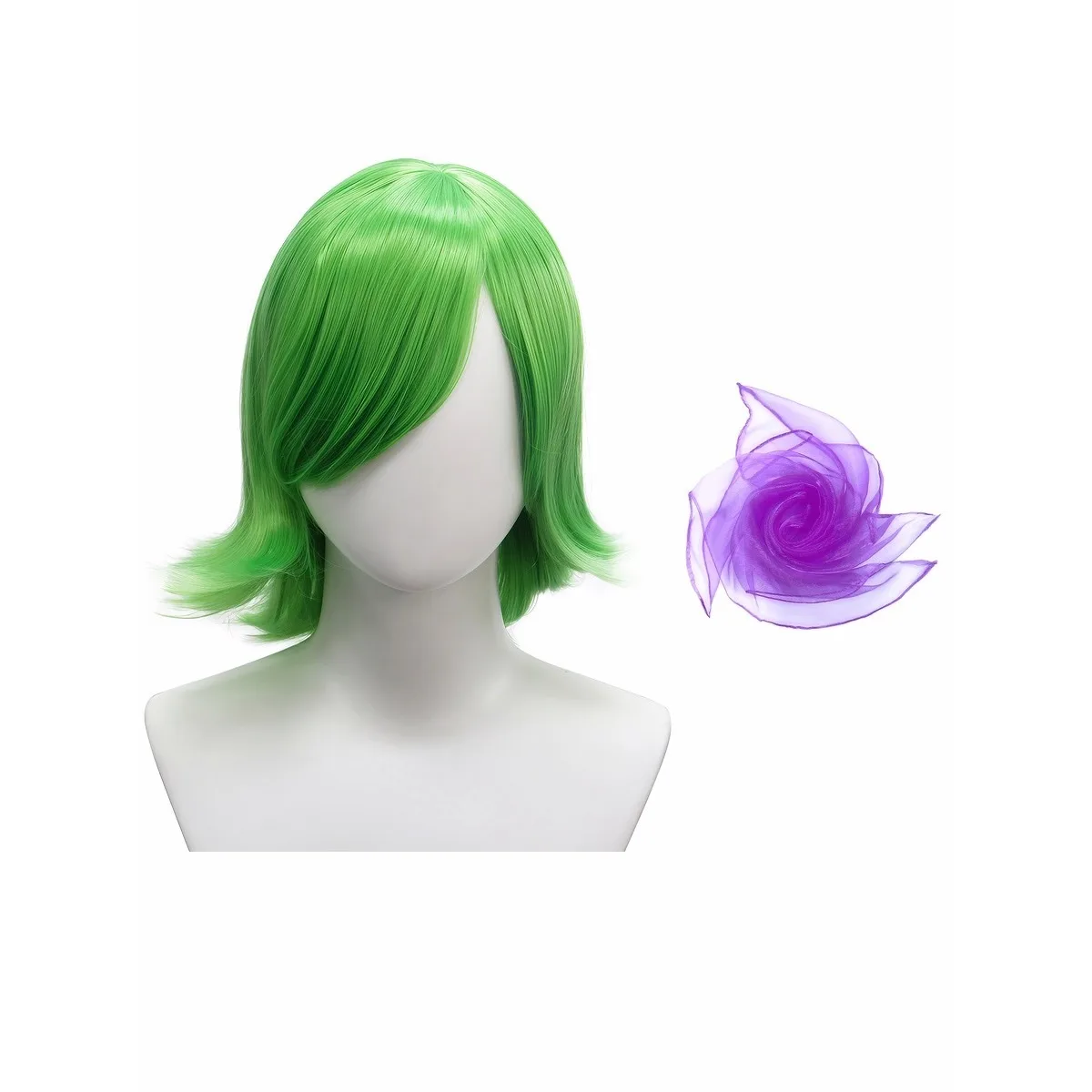 

Inside Out Disgust Green Short Curled Wig with Purple Silk Scarf - Synthetic Fiber for Cosplay & Party