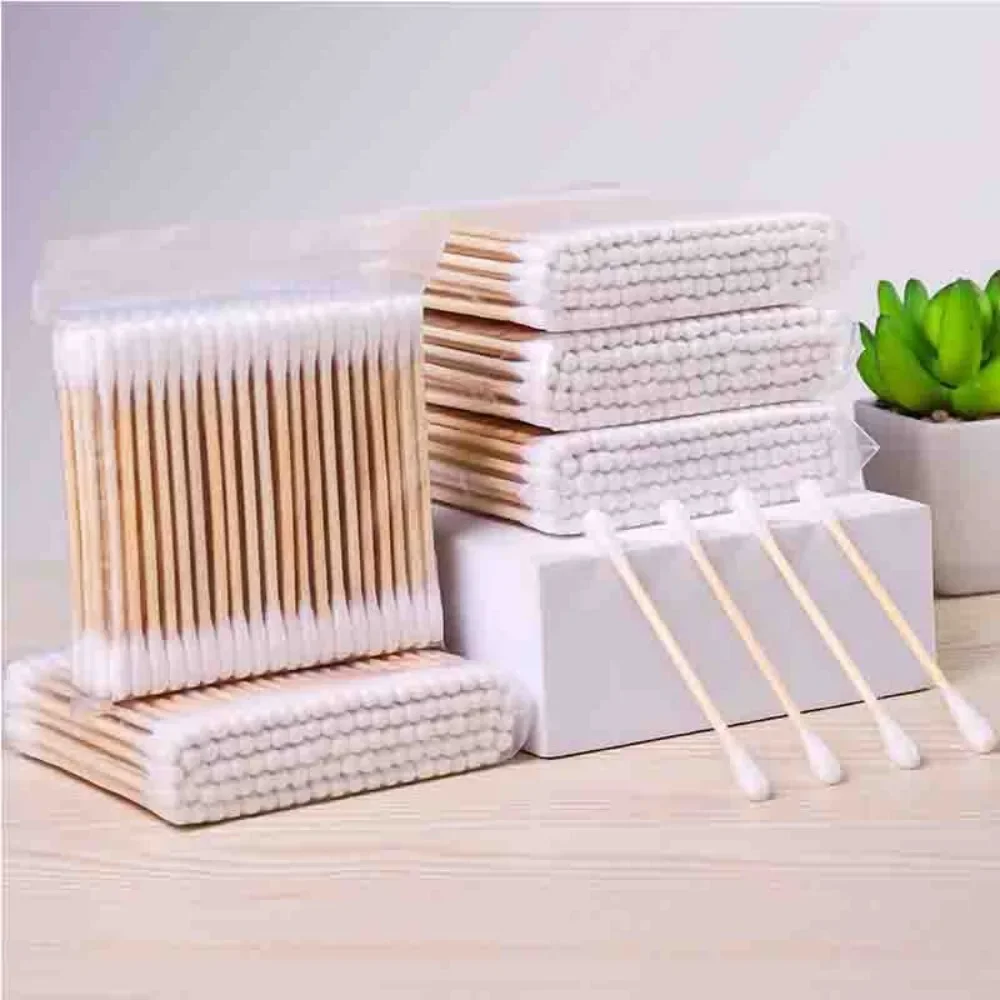 100 Pcs 100% Cotton Cotton Swabs Wooden Cotton Buds Q-Tip Hypoallergenic Chlorine-Free Double-Tipped Cotton Buds Daily Cleaning