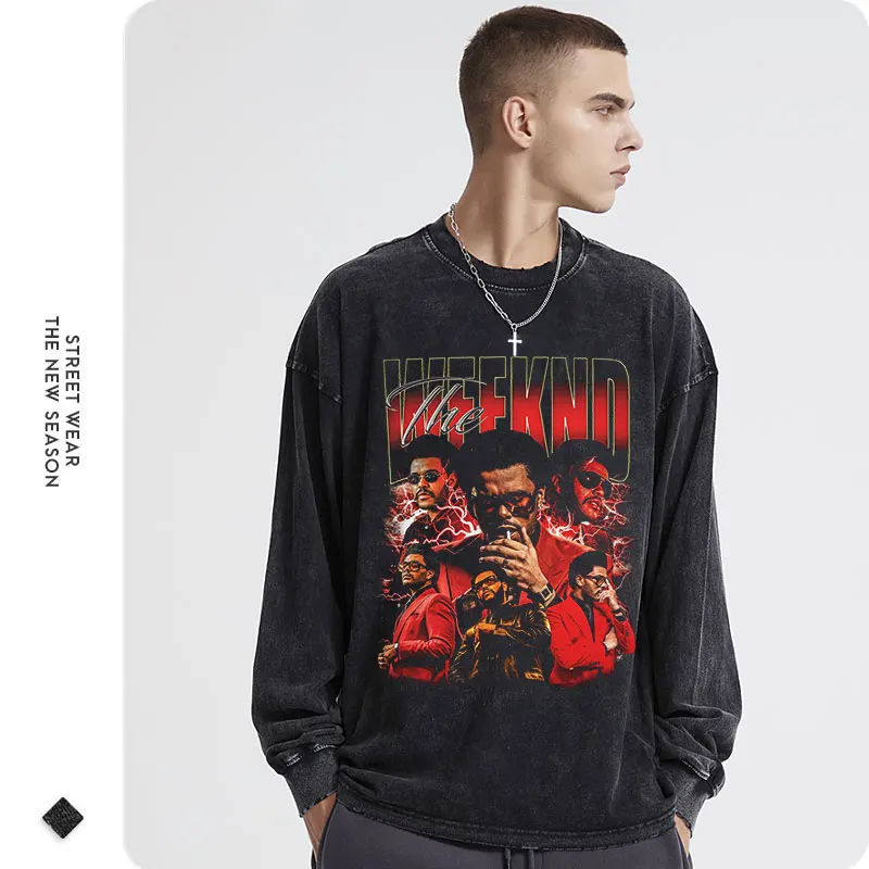 The Weeknd Long Sleeve T-shirt Vintage Washed Hip Hop DTG Printing Sweatshirts Pullover Oversized Harajuku Tops Tees Men Cotton