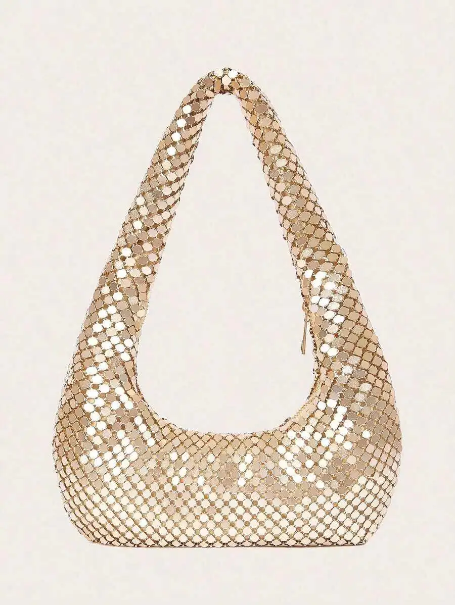

Women Shiny Metal Hobo Bag With Sequined Texture Party Evening Shoulder Bag Medium Size