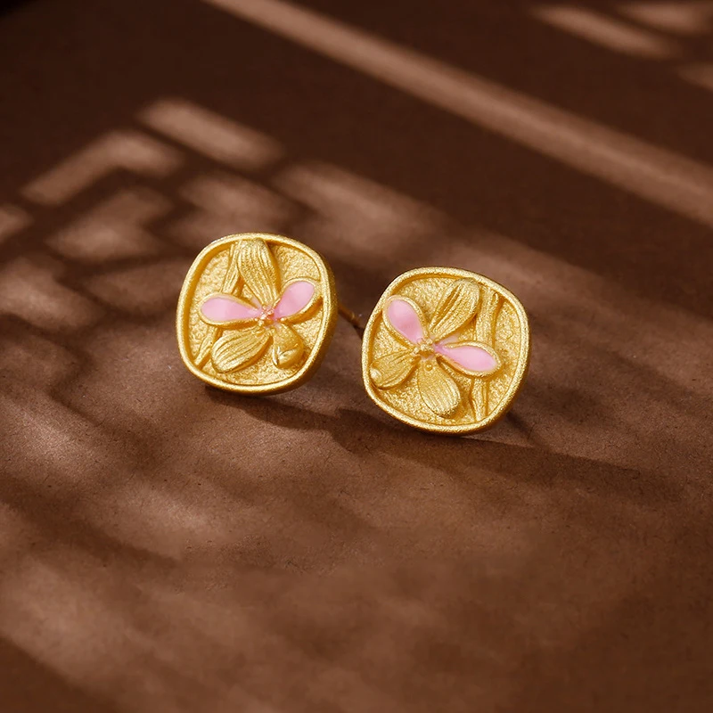 Antique gold craftsm square pink flower earings stud classic simplicity charm flower earrings for women banquet jewelry gifts