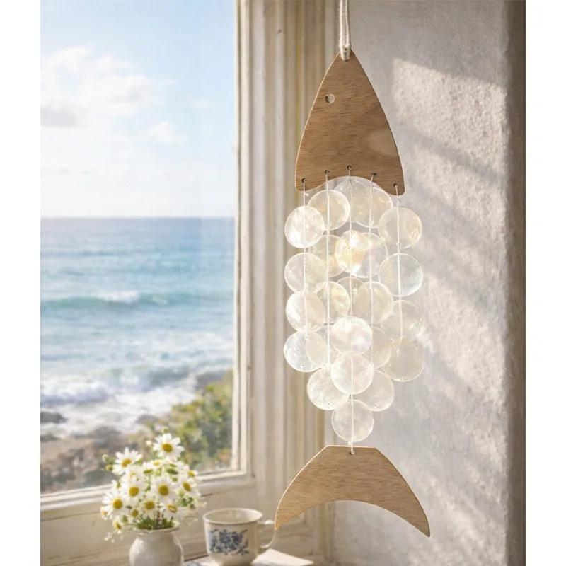 1pcs Wooden Marine Animal Capiz Shell Wind Chime Bohemian Coastal Wall Hanging Decor for Home Balcony Garden Beach Ornament Gift - view 4