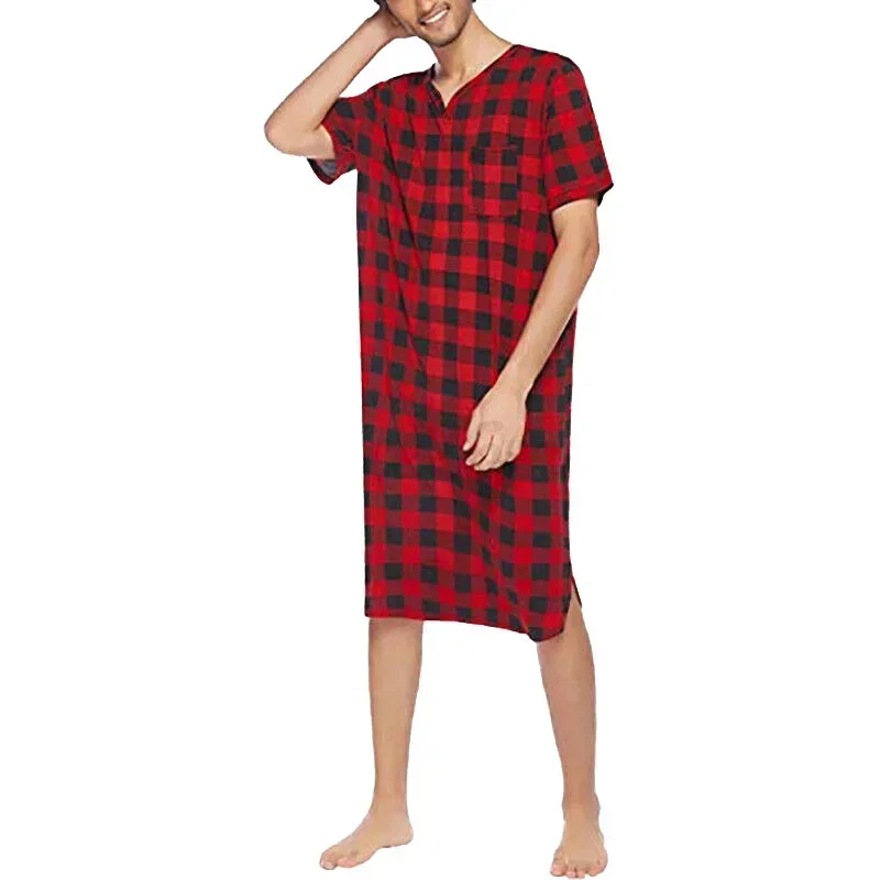 Men Casual Loose Plaid Sleep Robe Nightgown Sleepwear Lattice Short-sleeve V Neck Nightwear Fashion Leisure Comfortable Homewear