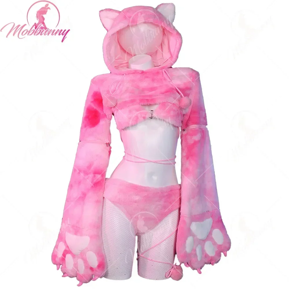 

Mobbunny Women Sexy Lingerie Set Pink Cat Style Furry Paw Top and Panty with Paws and Fishnet Stockings Halloween Costume