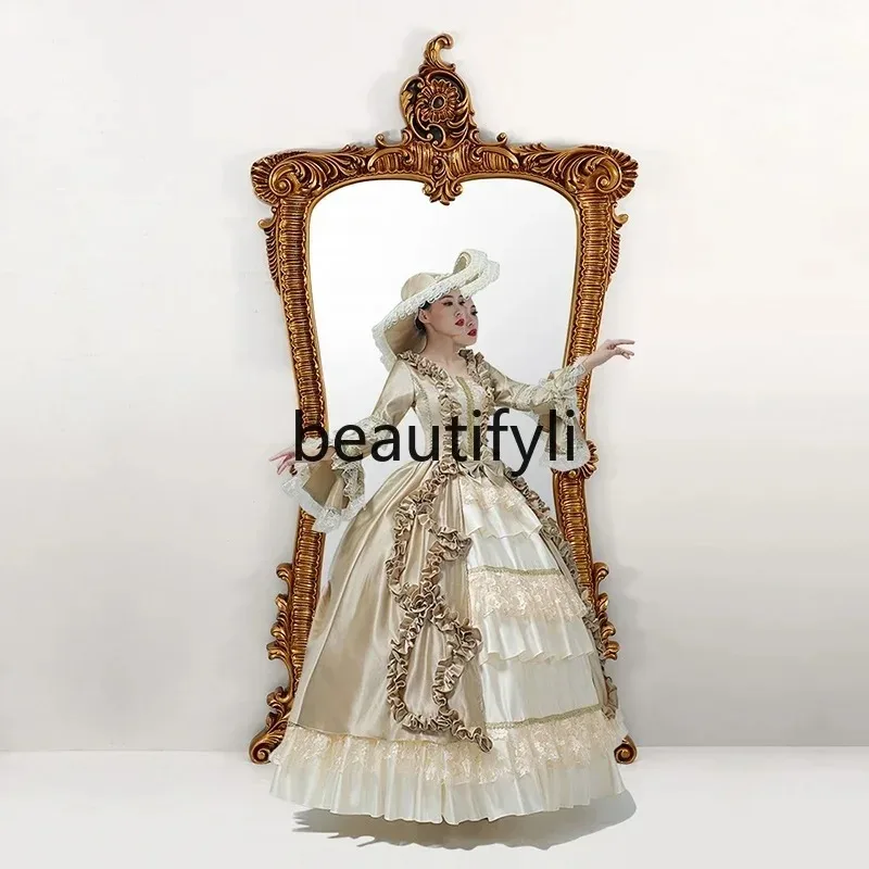 cn8617 ss French Style Floor Mirror European Retro Carved Dressing Home Full-Length Cloakroom Fitting Mirror