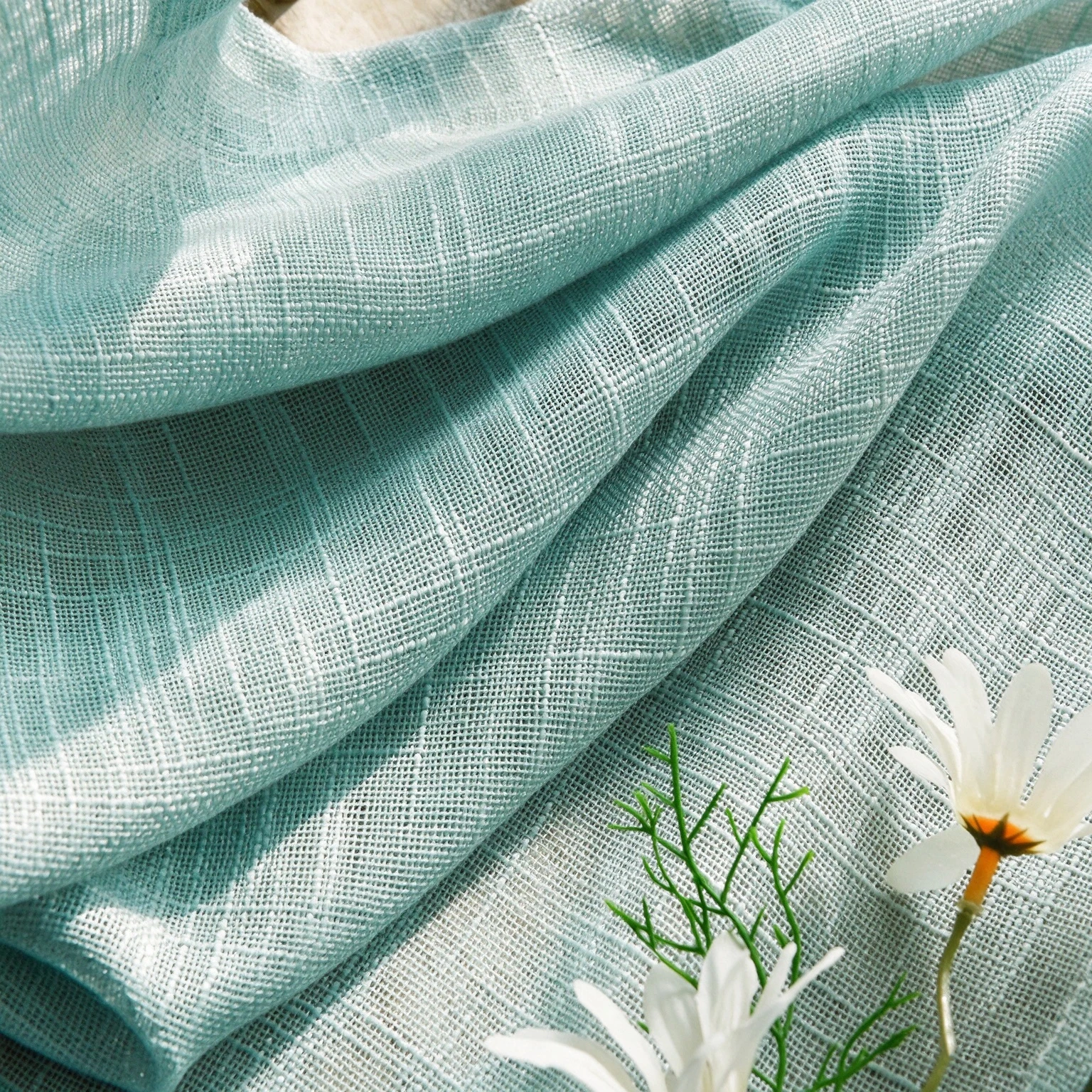 Linen Texture Mint Green Sheer Curtain Light Filtering Semi-Sheer Window Curtain Nordic Window Treatment for Living Room Balcony