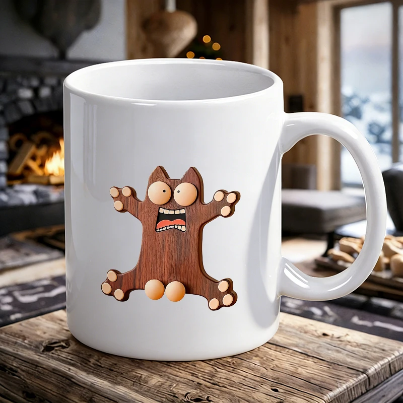 

Funny Wood Grain Cat Mug Goofy Cat Print Ceramic Coffee Cup for Cat Lovers Humorous Home Office Kitchen Gift