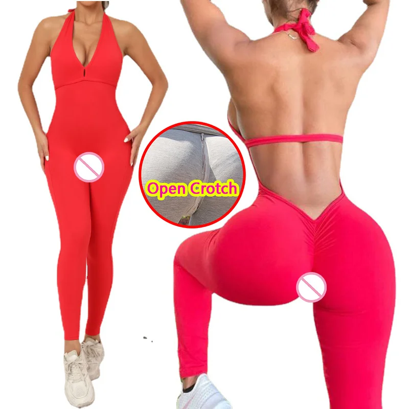 

Woman Sexy Open Crotch Leggings Open Seats Quick Dry Jumpsuit Backless Hidden Zippers Erotic Sport Hot Pants Booty Lifting Pants