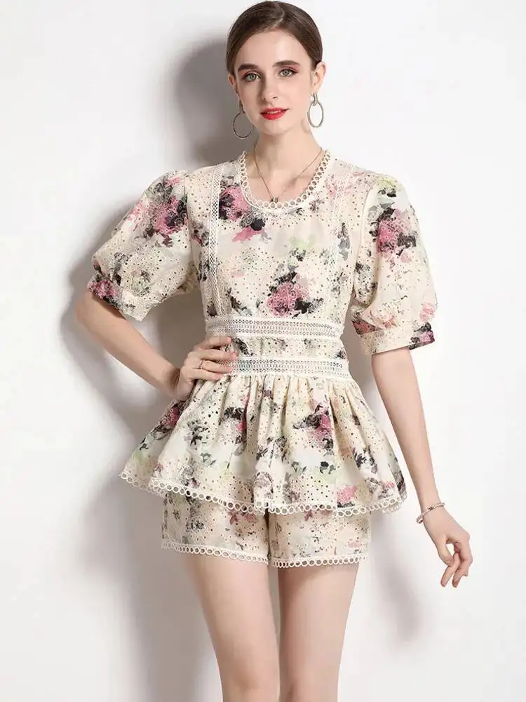 Elegant Flower Embroidery Lace Shorts Set Women Short Sleeve Hollow Out Ruffles Shirt Top+Wide Leg Shorts Summer 2 Piece Outfits