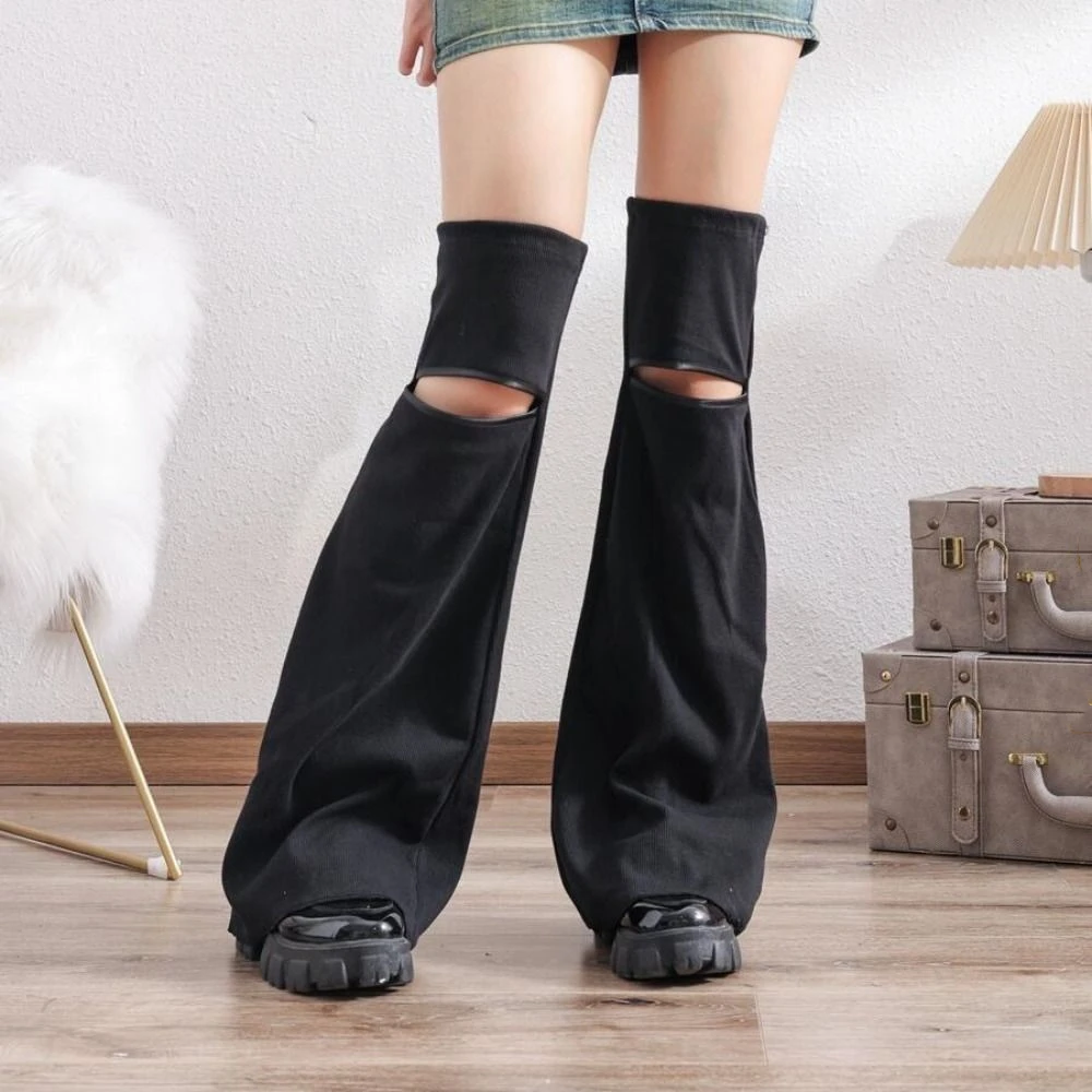 

Fashion Y2k Leg Warmers Women Horn Shape Elastic Bell-bottoms Socks Solid Hosiery Broken Hollow Stockings Streetwear