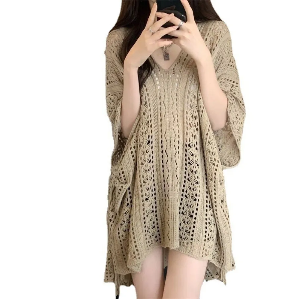 

Fashion V Neck Women's Crochet Tops Knitted Hollowed-out Sweater Thin Loose Swimwear Summer
