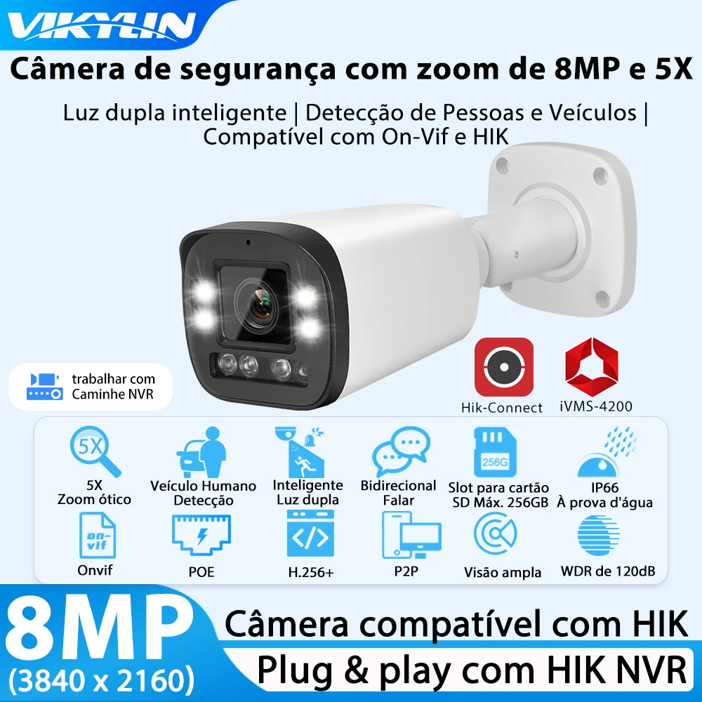 Vikylin 8MP 5X Zoom Security IP Camera Color Night Home CCTV for Hikvision Compatible POE Human Vehicle Detect Two-way talk IP66