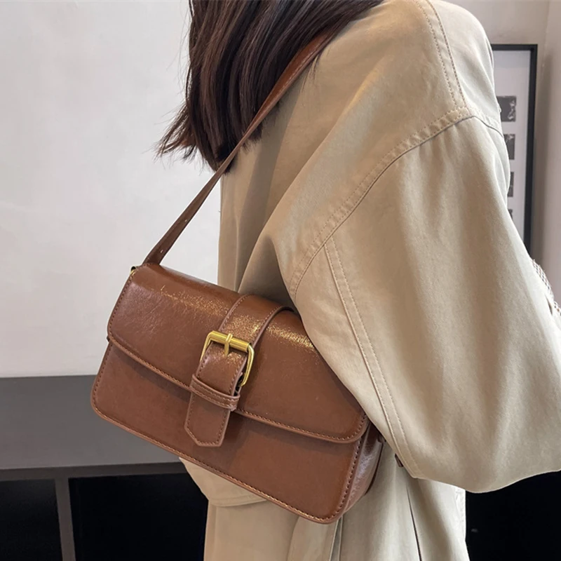 Luxury Fashion Flap Women\'s Shoulder Bag Belt Hasp Solid Crossbody Bags Ladies Casual Square Handbags 2022 Brown Bolso Mujer