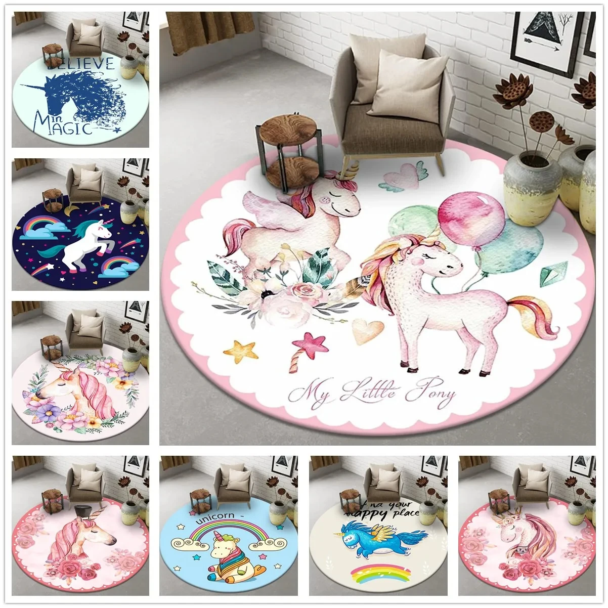 Kids Unicorn Outdoor Chair - พรมลายการ์ตูนยูนิคอร์นทรงกลม พรมแฟนตาซีรูปสัตว์น่ารัก สำหรับห้องนั่งเล่น ห้องนอนเด็กผู้หญิง ห้องเล่น พรมรองเก้าอี้