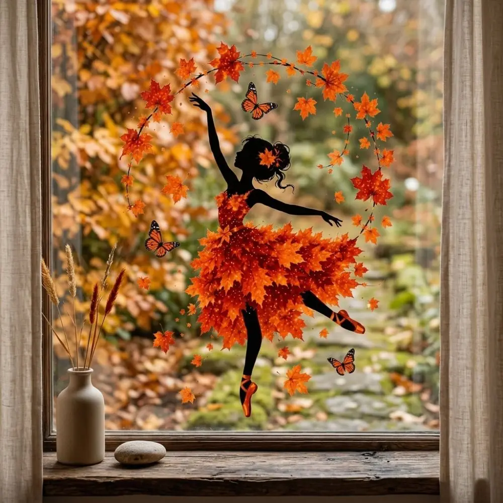 Adhesive-Free Autumn Ballerina Window Cling PVC Static Aesthetic Dancer Silhouette Window Sticker Waterproof Vibrant Color