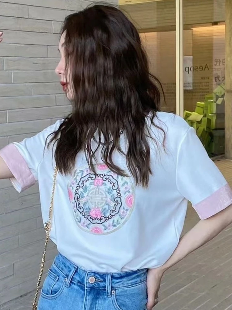 Embroidered Short Sleeve T-Shirt Women's Summer Fashion Lightweight Patchwork Casual Style round Neck Top for Younger Look