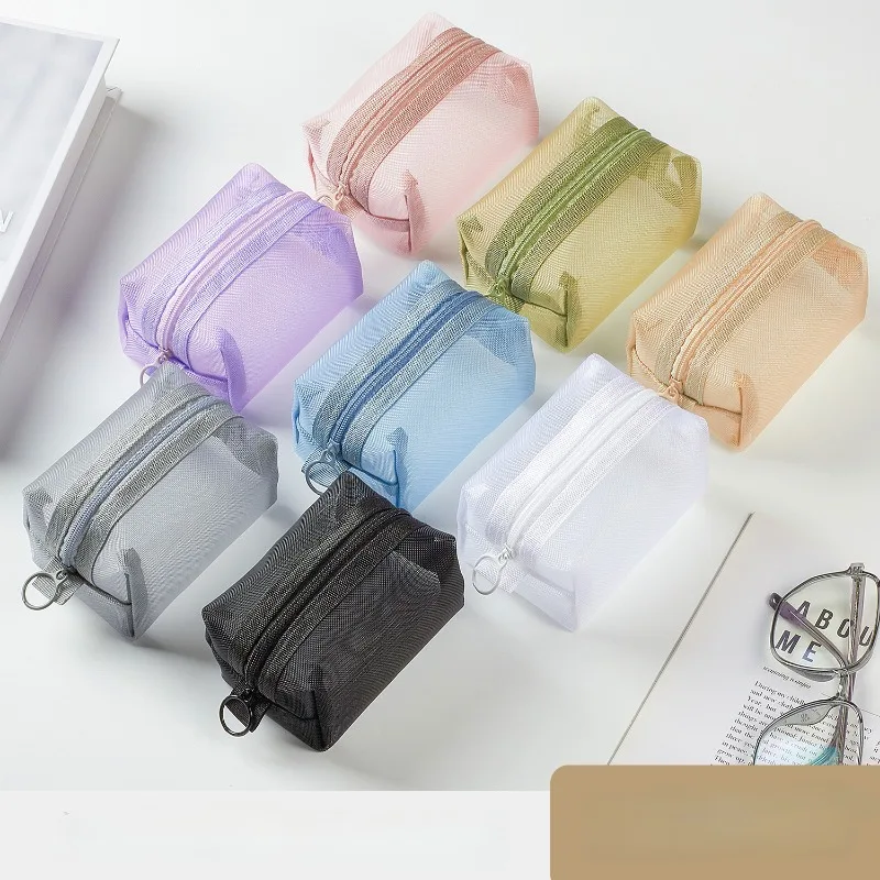 Mini Wash Bag Stationery Case Large Capacity Key Bags Transparent Cosmetic Bag Square Mesh Storage Pouch Mini Zipper Coin Purse