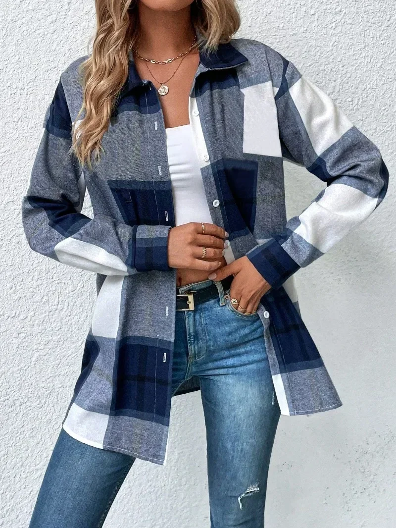 Women\'s Plus Size 1XL-5XL New Casual Checker Printed Shirt Long Sleeved with Button Flip Collar Fashion Commuter Shirt