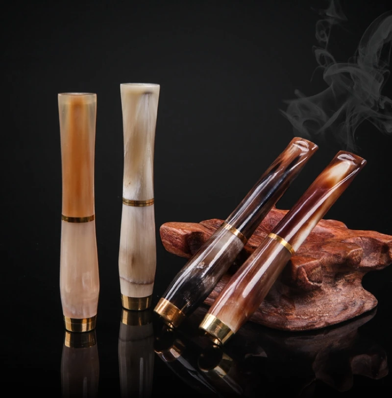 

Natural Yak Horn Cigarette Holder Mouthpiece, Washable Recyclable Pull Rod Filter, Smoking Accessories Men Gift (Color Random)
