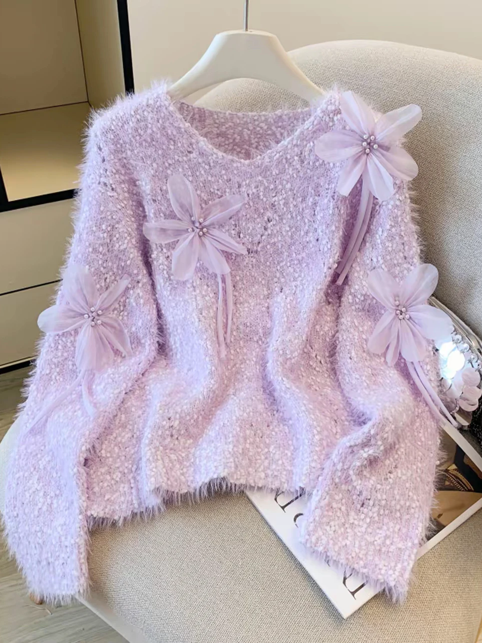 Roze gebloemde gebreide trui dames herfst winter nieuwe Sle zoete zachte veelzijdige gebreide kleding topontwerp sensatie pendelen sle...