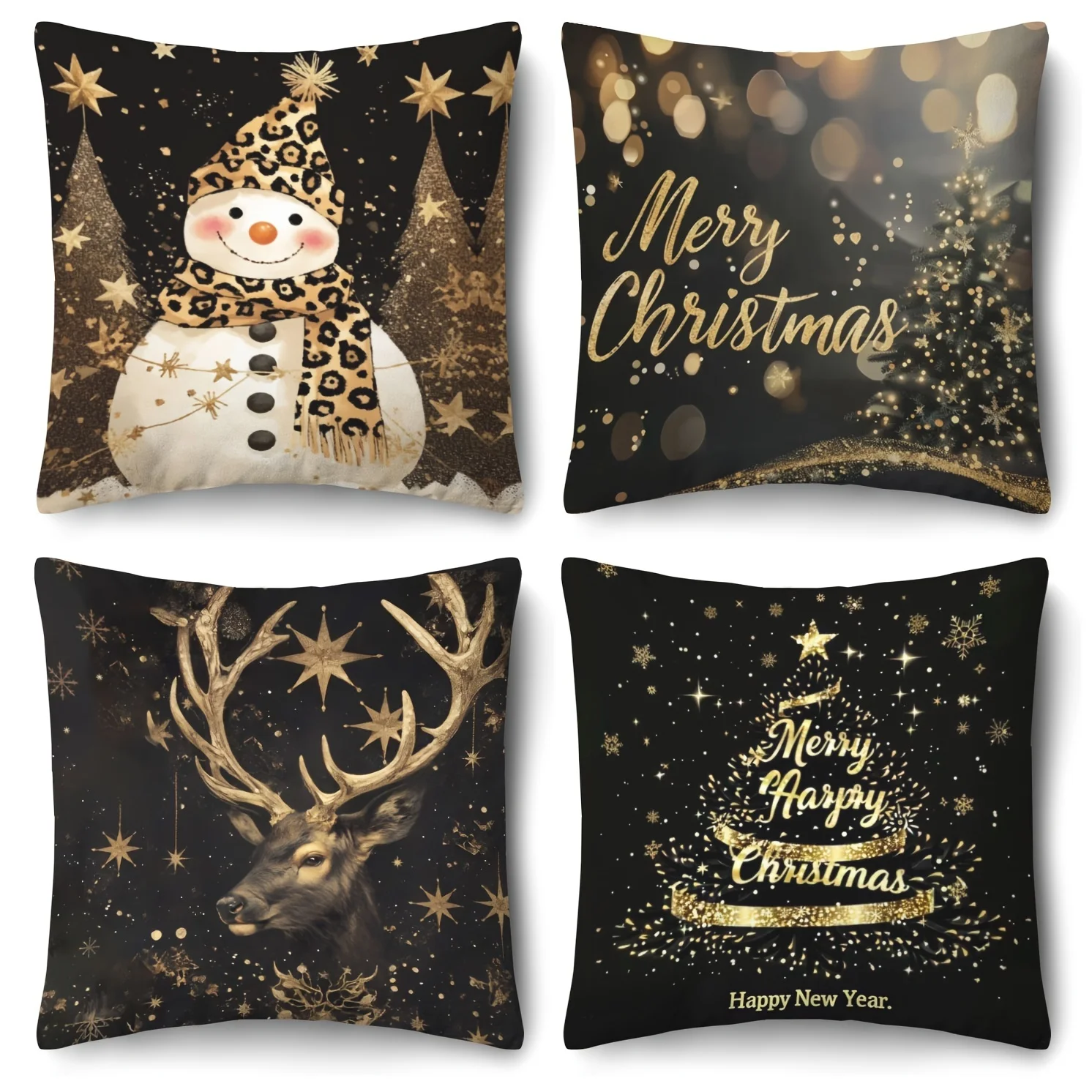 

4 шт. роскошные рождественские наволочки, черное золото, принт снеговика и оленя, винтажный клетчатый дизайн для праздничного декора дивана