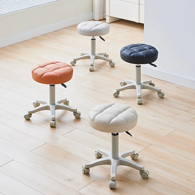 Small Chair Round Rolling Stool with Wheels Faux Leather Height Adjustable Swivel Drafting Work Salon Stool Home Office Chair