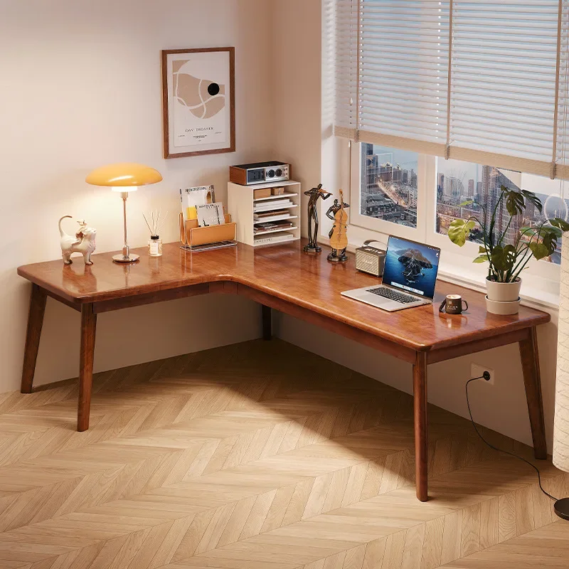 Solid wood corner computer desk, desktop L-shaped home desk, simple corner study book in the bedroom, table and chair