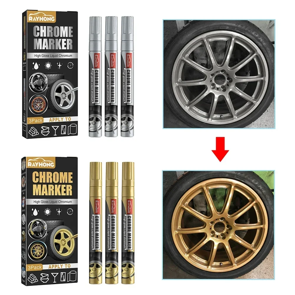 3pcs Chrome Marker Pen Permanent For Car Bike Motor Tires Tyre Marker Paint Pen Rubber Tyre Marker Metallic