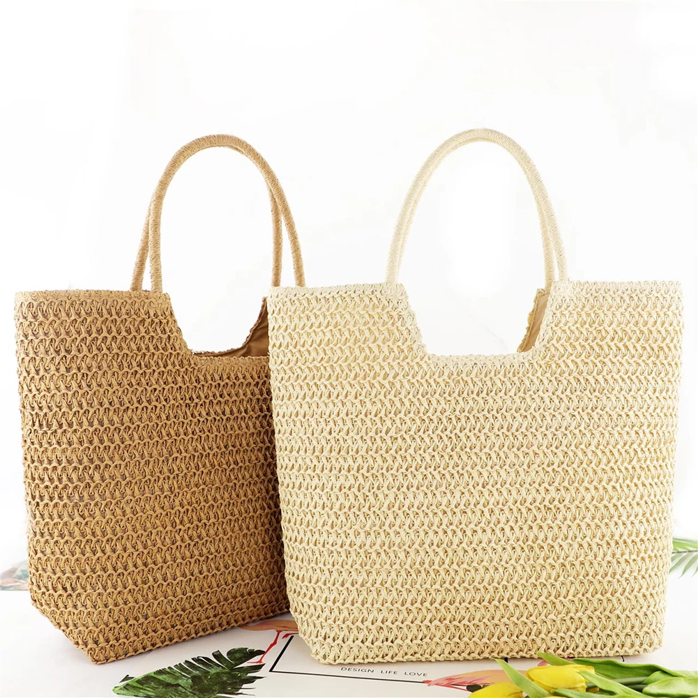 Women Straw Woven Shoulder Bag Solid Color Shoulder Summer Woven Pouch for Women Handmade Traveling Handbags Underarm Bags