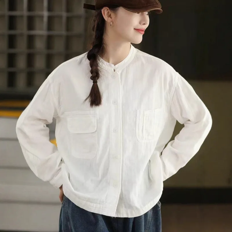 Masss Wasss Japanese Design Winter Tops Women Fashion Loose Casual Cotton Shirts Ladies Luxury Classic Solid Long Sleeve Blouses