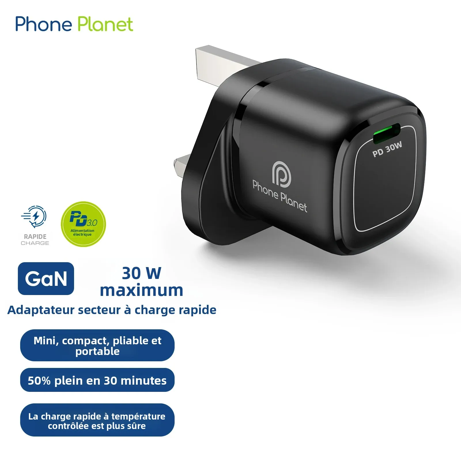 Adaptateur de charge rapide GaN 30W EU/US/UK Type-C pour iPhone 17 16 15 Samsung Huawei iPad Ordinateurs portables Tablettes ? Ne chauffe pas