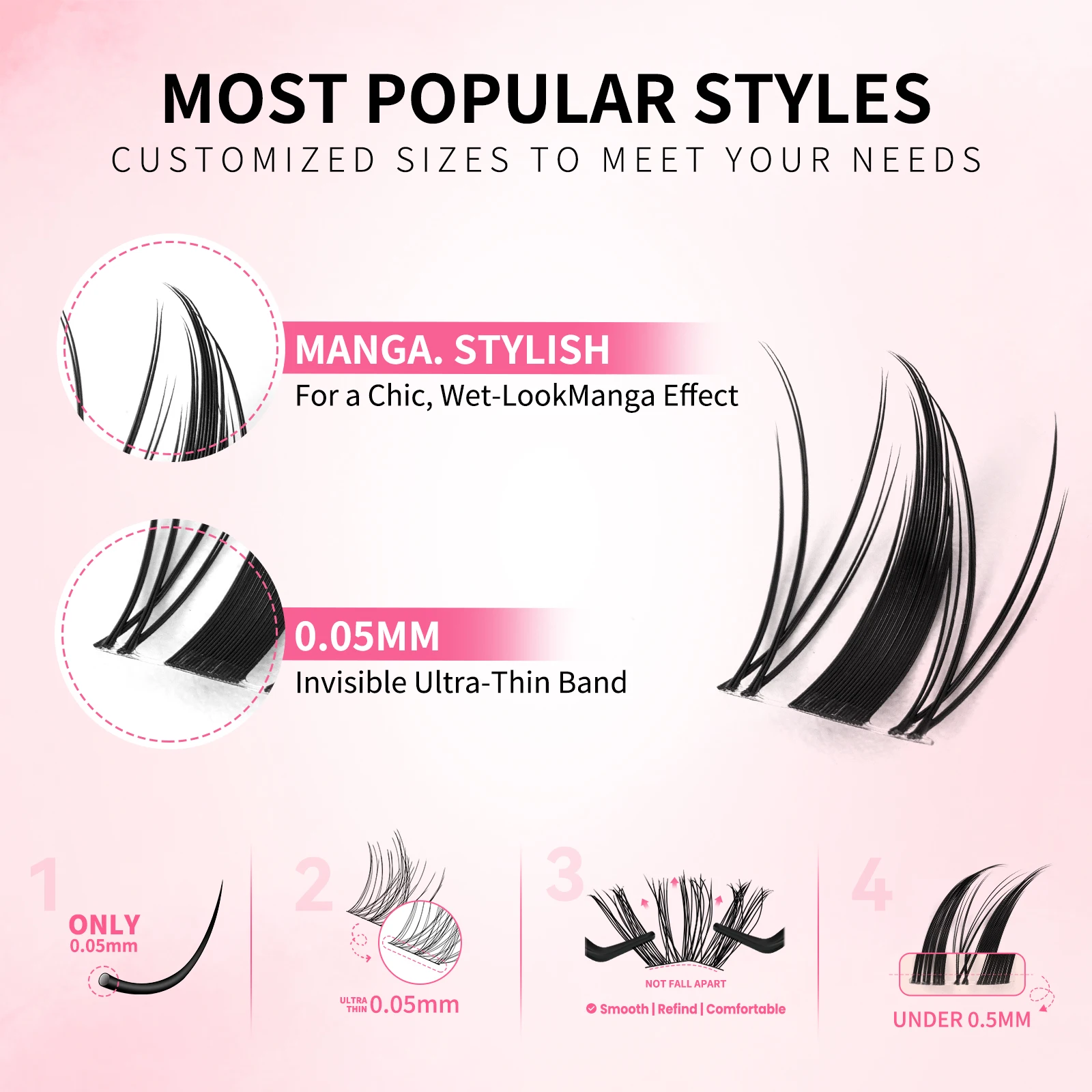 uCoolMe Fairy Manga Single Length Lash Clusters 80pcs Wispy Anime DIY 8 10 12 14 16 18mm No Waste One Length Eyelash Extensions