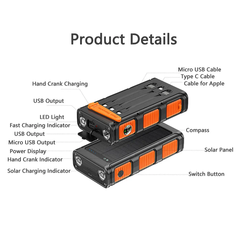 30000mAh Solar Power Bank PD20W Batteria esterna Powerbank a ricarica rapida per iPhone 13 Huawei Xiaomi Caricatore portatile a manovella