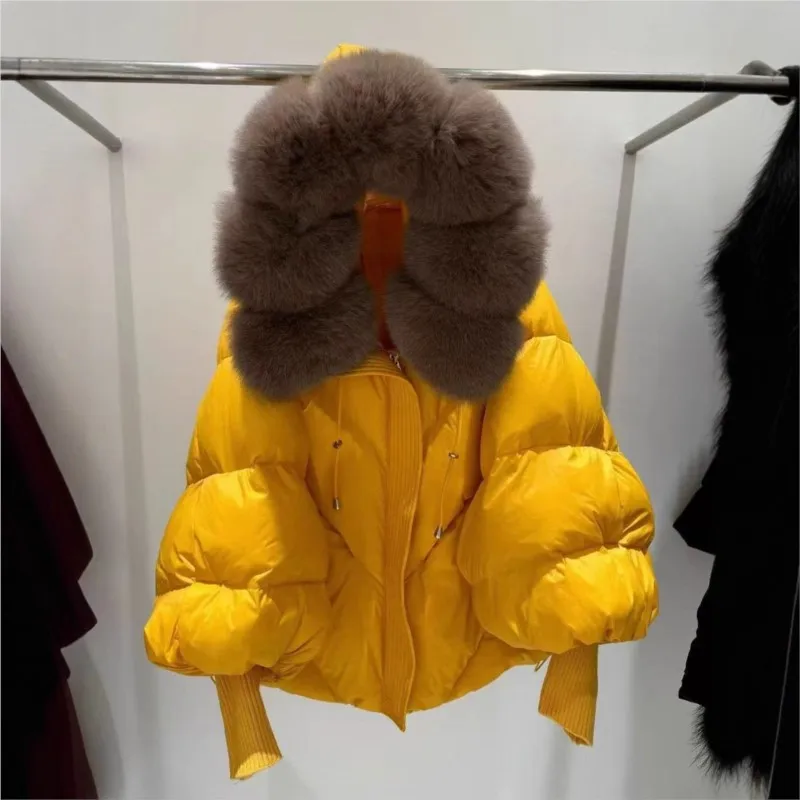 2025 Winter New  Large Haired Collar Hooded Down Jacket for Women Thickened Warm Knitted Sleeve Coat