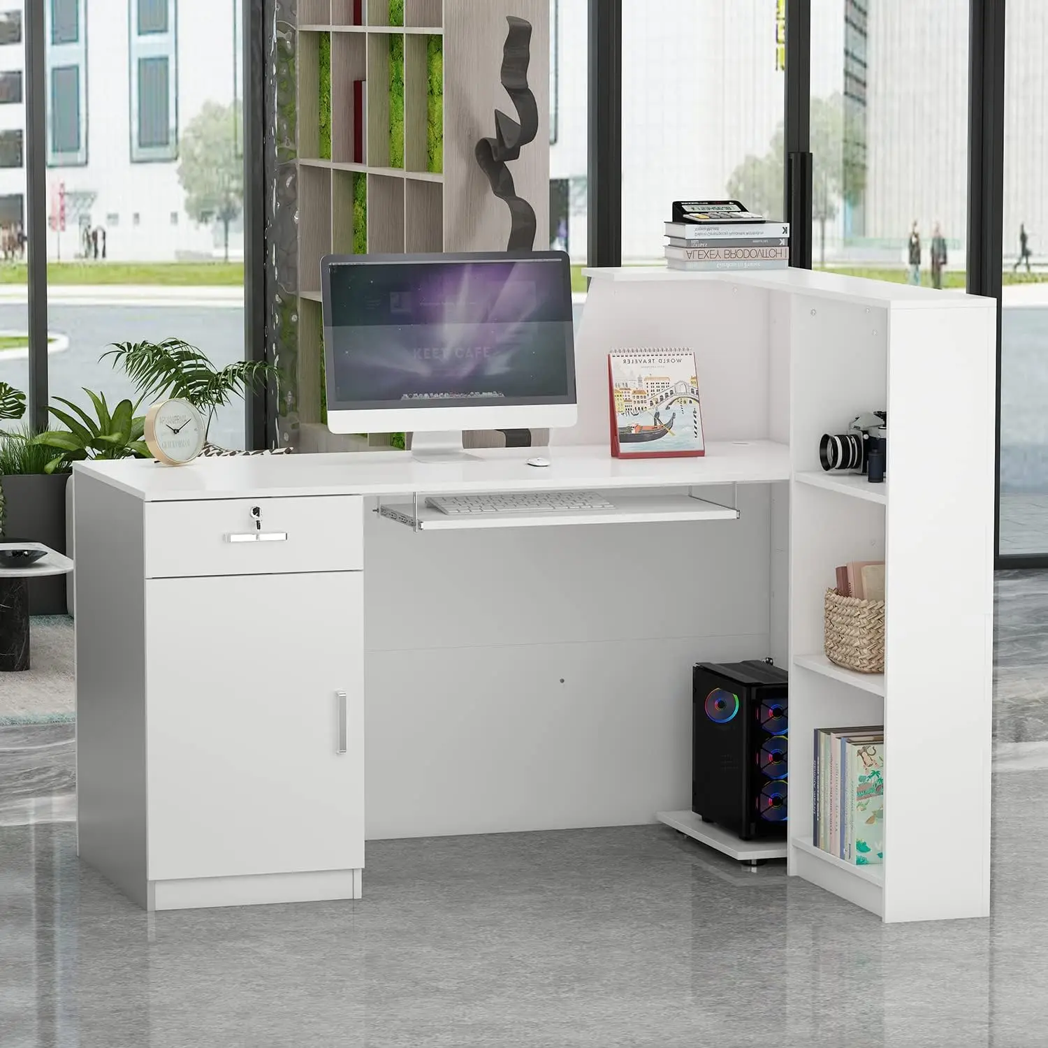 Reception Desk with Lockable Drawer, Open Shelves & Keyboard Tray, Office Desk Reception Counter Table with Cabinet