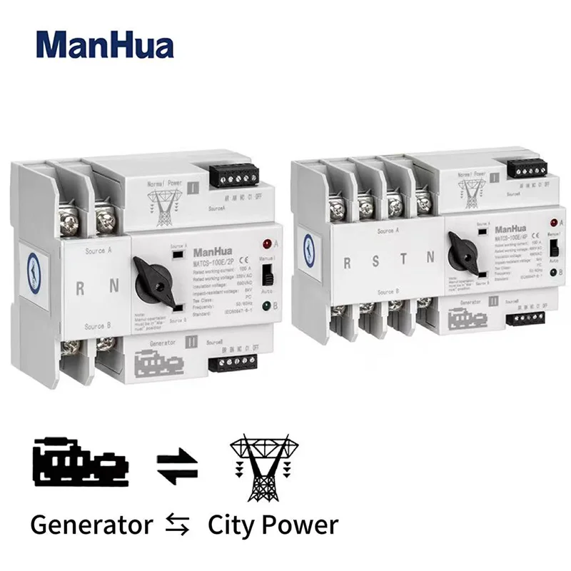 ManHua 2P 4P MATCS-100E 100A 220VAC ATS Dual Power Automatic Transfer Switch PC Type Switch DIN-Rail Mounting Uninterrupte Power