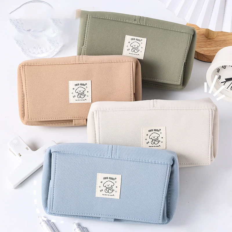 Simple Durable Canvas Pencil Case Fashion Solid Color Pencil Box High Capacity Portable Stationery Storage Bag School Supplies